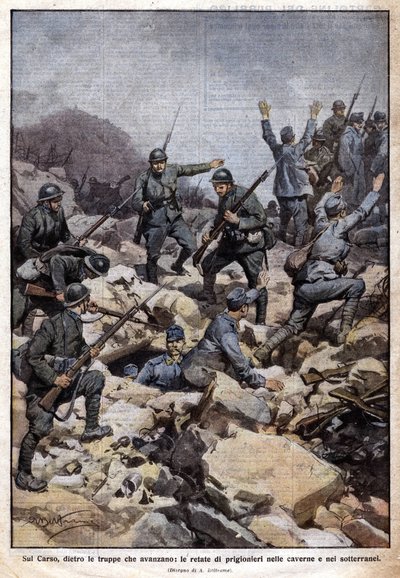 A Primeira Guerra Mundial: Frente italiana no planalto do Carso (Trentino) e prisioneiros no subsolo. "Domenica del Corriere". 19/07/1917 (litografia) de Achille Beltrame