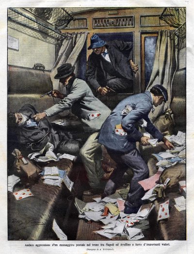 bandidos no assalto num comboio postal entre Nápoles e Avellino em 1910. Ilustração de Achilles Beltrame para a Domenica del corriere. de Achille Beltrame