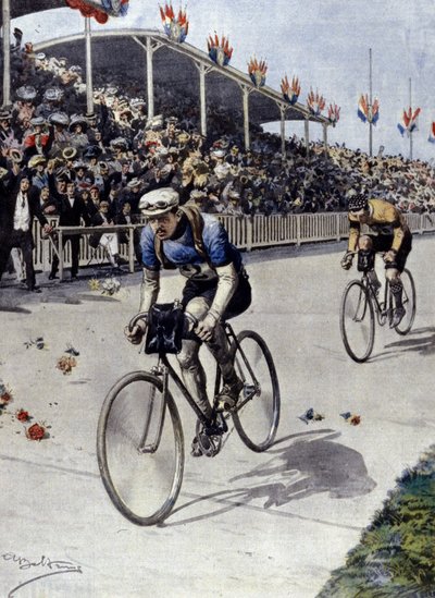 ciclista Peer Breton Vencedor do Tour de France em 1908. ilustração de Achille Beltrame. de Achille Beltrame