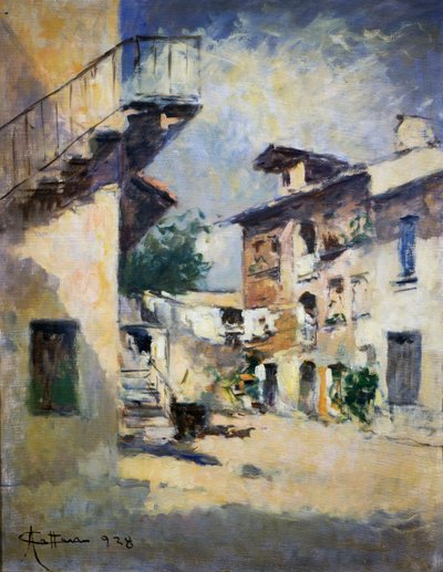 Interior do pátio rústico, por Achille Cattaneo (1872-1931). Itália, século XX. de Achille Cattaneo