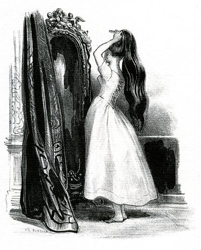 Madame Bovary, para o romance de Gustave Flaubert - Emma Bovary amontoa o seu cabelo comprido em frente ao espelho de Achille Devéria
