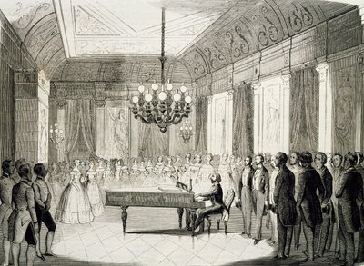 Noite musical com piano, de Achille Deveria (1800-1857), gravura, França de Achille Devéria