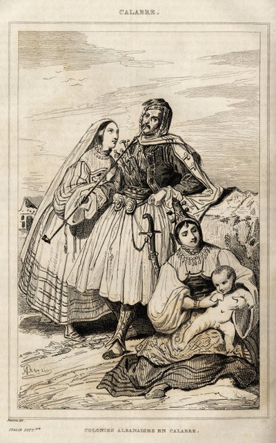 Uma colônia albanesa na Calábria, gravura de Deveria, em "Itália pitoresca", editora Amable Coste, Paris de Achille Devéria