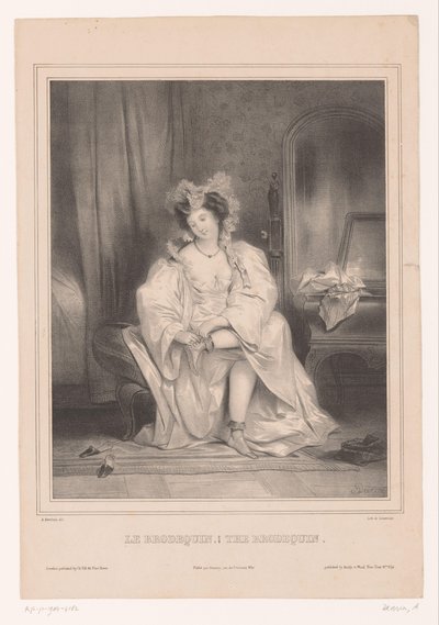 Jovem mulher puxa o brodequim
Le brodequin / O brodequin (título sobre o objecto)
Vestuário feminino (título da série) de Achille Devéria
