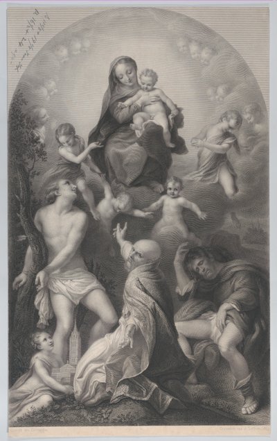 A Madona de São Sebastião, com a Virgem e o Menino, rodeada de anjos, olhando d..., 1847. de Achille Désiré Lefèvre