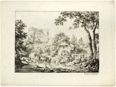 Paisagem com moinho e castelo de Achille Etna Michallon