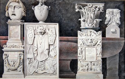 Fragmentos de esculturas antigas (grafite, aguarela e aguarela sobre papel) de Achille Francois Leclere
