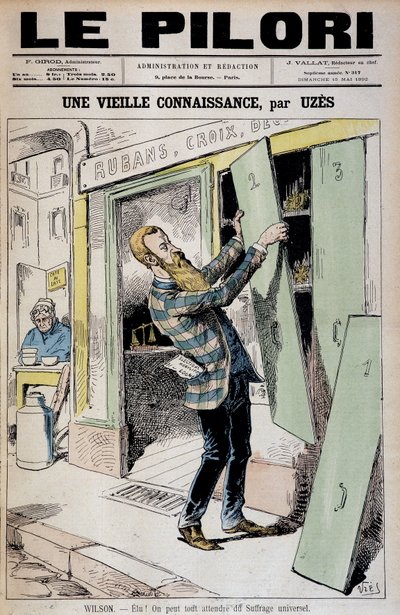Eleito! Podemos esperar tudo do sufrágio universal (cartoon sobre Daniel Wilson reelu depute) - por Uzes (Achille Lemot dit) (1846-1909), em "Le Pilori" de 15/05/1892 de Achille Lemot