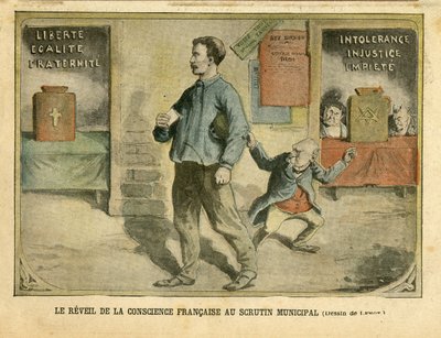 Ilustração de Achille Lemot (1846-1909) em Le Pelerin, 01/05/04 - Le awakening de la conscience francaise au vote municipal - Elections, Religion Faith, Bloc des lefts, Catholicism Catholique - Laicisation Laicite Lois laiques - Combes Emile (1835-1921) de Achille Lemot
