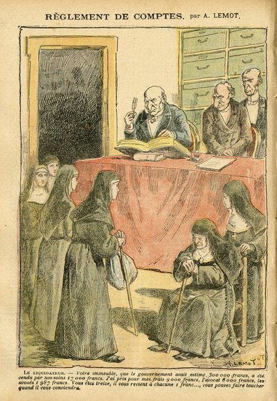 Ilustração de Achille Lemot (1846-1909) em Le Pelerin, 04/08/07 - Regulamento de contas - Antisemitismo, Fé religiosa, Catolicismo católico - Separação da Igreja e do Estado, Inventários/Reações aos inventários - Irmãs monjas boas irmãs de Achille Lemot