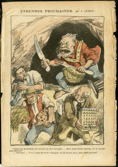 Ilustração de Achille Lemot (1846-1909) em Le Pelerin, 07/01/06 - Próximo Estrangeiro - Agricultura, Coletivismo, Socialismo - Trabalhador, Camponeses, Agricultores - Ogre/carne/veleira, Animalização de Achille Lemot