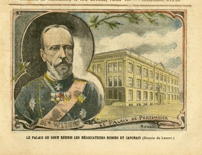 Ilustração de Achille Lemot (1846-1909) em Le Pelerin, 20/08/05 - O Palácio onde se reúnem negociadores russos e japoneses - Rússia, Japão, Guerra Rússia-Japonesa, Portsmouth - Witte Serge (1849-1915) de Achille Lemot