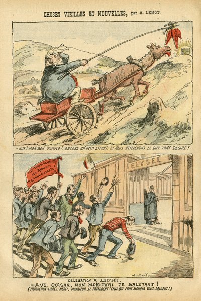 Ilustração de Achille Lemot (1846-1909) em Le Pelerin, 20/10/07 - coisas velhas e novas - Elysee, Socialismo, Ministro - Jaures Jean, Ane - Portfolio de Achille Lemot