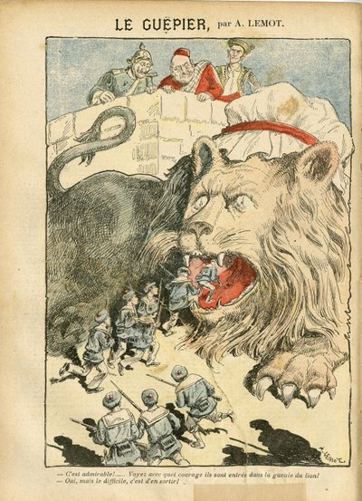 Ilustração de Achille Lemot (1846-1909) em Le Pelerin, 25/08/07 - Le Guepier - Guerra, Alemanha Prússia, Inglaterra, Grã-Bretanha, Espanha, Marinha de Guerra - Leão/Tigre de Achille Lemot