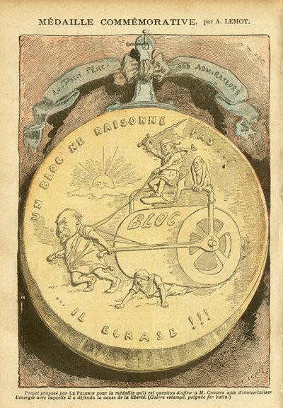 Ilustração de Achille Lemot (1846-1909) em Le Pelerin, 26/02/05 - Medaille comemorativo - Antimaconismo Freemaking, Affaire des fiche, Bloc des gauche - Combes Emile (1835-1921), Marianne - Casserole de Achille Lemot