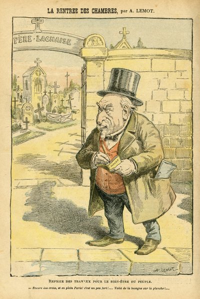 Ilustração de Achille Lemot (1846-1909) em Le Pelerin, 29/05/04 - La rentree des rooms - Religion Faith, Cemetery, Bloc des lefches, Mourning Obseques Funerailles, Pere Lachaise, Catholic Catholicism - Laicização do espaço religioso, Laicite Laiques de Achille Lemot