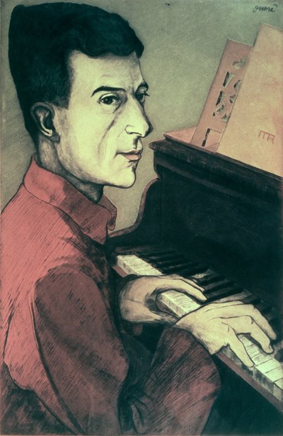 Retrato de Maurice Ravel tocando o piano de Achille Ouvré