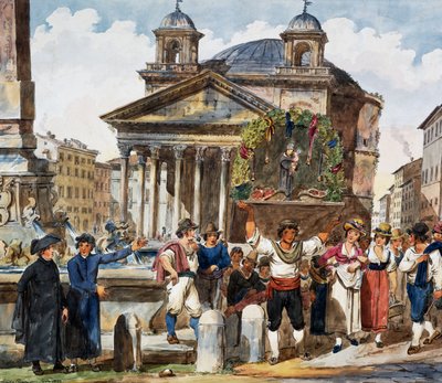 Festival Strawberry no Pantheon em Roma, Aquarela de Achille Pinelli (1809-1841), Itália de Achille Pinelli