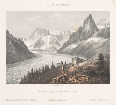Vista de Le Chapeau no Mer-de-Glace geleira Le Chapeau (título no objeto) Memória de Chamonix-Mont-Blanc (título da série) Museum du Mont-Blanc (título da série no objeto) de Ad. Cuvillier