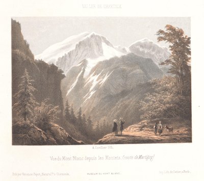 Vista do Mer-de-Glace geleira La Mer de glace et le Montanvert (título no objeto) Memória de Chamonix-Mont-Blanc (título da série) Museum du Mont-Blanc (título da série no objeto) de Ad. Cuvillier