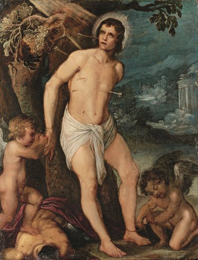 São Sebastião assistido por anjos (óleo sobre cobre) de Adam (circle of) Elsheimer