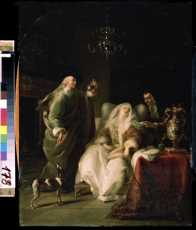 "A Consulta do Médico" (Mulher Doente e um Médico) O médico examina um frasco de urina durante a consulta de uma senhora doente. Pintura de Adam Braun (1748-1827) Mikhail Kroshitsky Art Museum, Sevastopol (Sebastopol) Ucrânia de Adam Braun