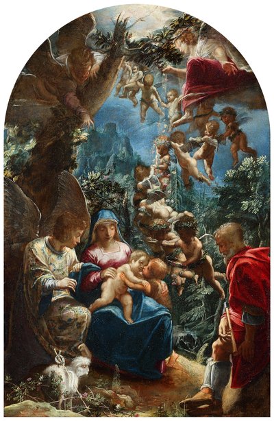 Italiano: sacra famiglia con san giovannino e un angelo A Sagrada Família com o menino João Batista e os anjos de Adam Elsheimer