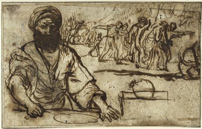 Homem barbudo sentado, com uma procissão de pessoas e cavaleiros ao fundo de Adam Elsheimer