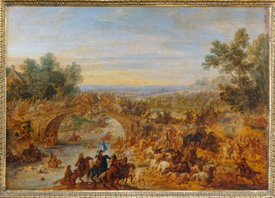 Combate de cavalaria ao atravessar uma ponte ... de Adam Frans van der (circle of) Meulen