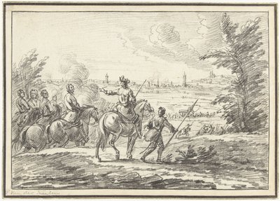 Cavaleiros numa colina em frente de uma cidade de Adam Frans van der Meulen (possibly)