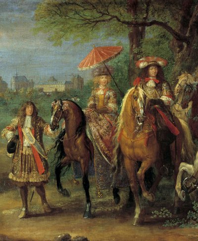 Rei Luís XIV (1638-1715) e Rainha Maria-Therese da Áustria (1638-1683) andando em frente ao castelo de Vincennes em 1669 detalhe da Pintura de Adam Frans Van der Meulen (1632-1690) de Adam Frans van der Meulen