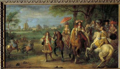 Rei Luís XIV (1638-1715) e Rainha Maria-Therese da Áustria (1638-1683) caminhando em frente ao castelo de Vincennes em 1669 Pintura de Adam Frans Van der Meulen (1632-1690) de Adam Frans van der Meulen