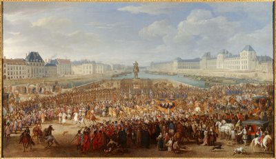 Rei Luís XIV (1638-1715) atravessando a Pont Neuf na sua carruagem Pintura de Adam Van der Meulen (1632-1690) de Adam Frans van der Meulen