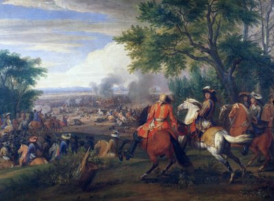 Rei Luís XIV na derrota do exército espanhol perto do Canal de Bruges em 1667, pintura de Van der Meulen (1632-1690), França e Bélgica de Adam Frans van der Meulen