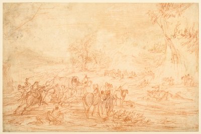 Paisagem, com um ataque a uma caravana de autocarros de Adam Frans van der Meulen