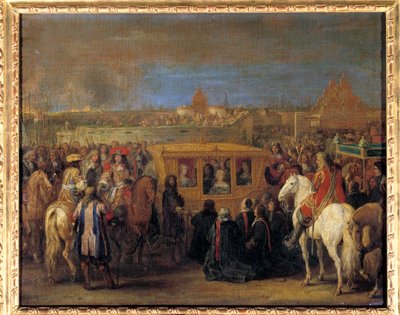 Entrada solene do Rei Luís XIV (1638-1715) e da Rainha Marie-Therese da Áustria para Douai em 23/08/1667 (a rainha em sua carruagem recebe a homenagem dos dingins da cidade como seu suserano) Pintura de Adam Frans Van der Meulen (1632-1690). Cerca de 1667 de Adam Frans van der Meulen