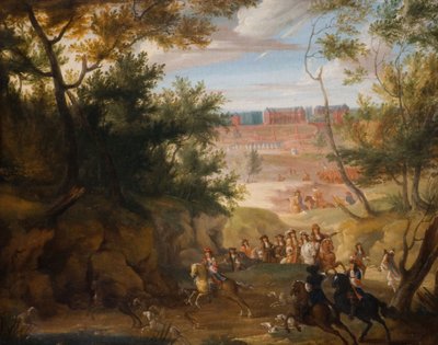 Vista de Versalhes com Luís XIV e caçadores, 1700. de Adam Frans van der Meulen