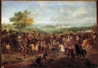 Passeio de coche do Rei Luís XIV (1638-1715), Rainha Marie Therese da Áustria, Dauphin Louis e Dauphine em frente ao Castelo de Clagny em Versalhes Pintura de Adam van der Meulen (1632-1690) Por volta de 1680 Sol. 1,4x1,9 de Adam Frans van der Meulen