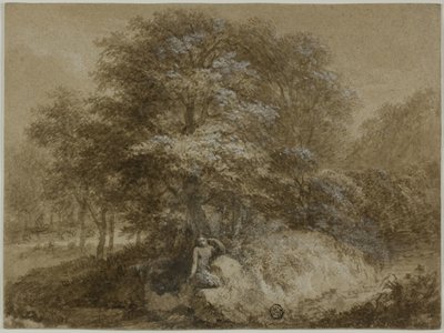 Bosque sombrio com ninfa sentada debaixo de uma árvore de Adam Friedrich Oeser