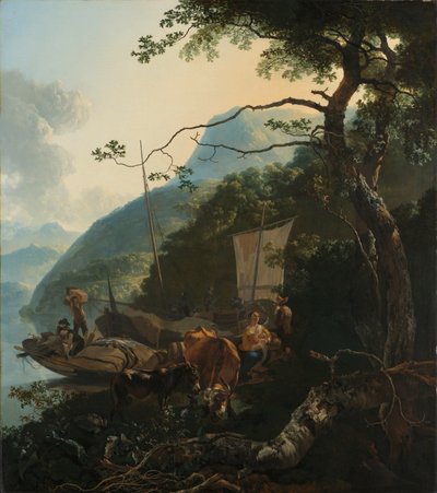 Barqueiros atracados na margem de um lago italiano
Barqueiros atracados na margem de um lago italiano; talvez com o objectivo de representar o voo para o Egipto de Adam Pijnacker