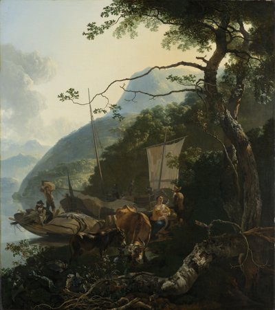 Barqueiros ancorados na costa de um lago italiano, 1650-70 de Adam Pynacker