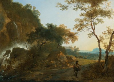 Paisagem italianizada com um viajante num caminho junto a uma cascata de Adam Pynacker