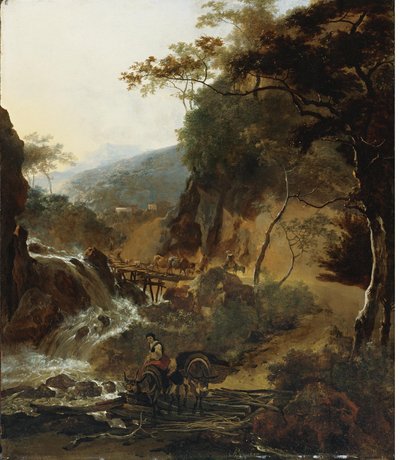 Paisagem de montanha italianizada com pastores e gado junto a uma cascata de Adam Pynacker