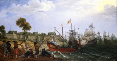 Uma esquadra de guerra holandesa ataca uma fortaleza colonial espanhola, defendida por barcos de Adam Willaerts