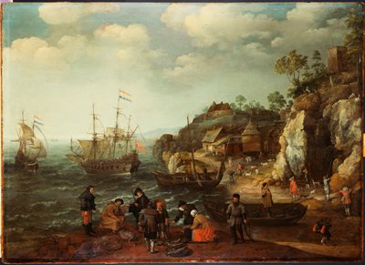 Cena costeira com pescadores e caçadores na costa, 1626 de Adam Willaerts