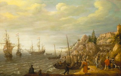 Navios holandeses ancorados ao largo de uma cidade escandinava fortificada de Adam Willaerts