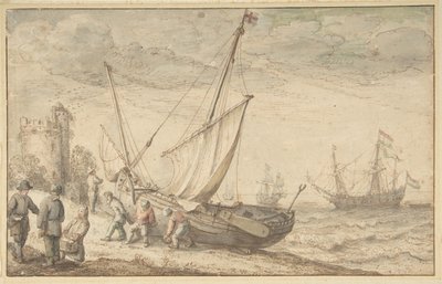 Pescadores transportando seu barco para a costa, s.d.. de Adam Willaerts