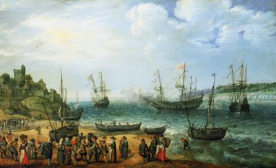 O navio "Prince Royal" e a sua escolta ancorados num estuário de Adam Willaerts