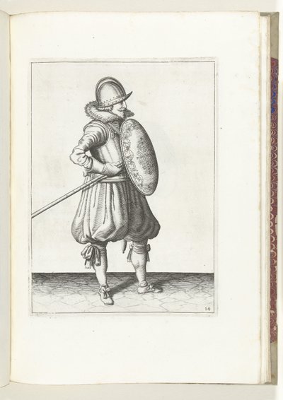 O exercício com escudo e lança: o soldado coloca a lança em posição de arrastar em duas vezes, segundo movimento (n.º 14), 1618
De Nassausche Wapen-Handelinge, van Schilt, Spies, Rappier ende Targe : beyde figuerlick afgebebeelt, ende gestelt na de nieuwe de Adam van Breen