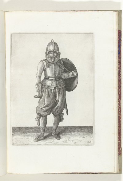 O exercício com escudo e lança: o soldado traz o escudo de volta às costas com o braço esquerdo (n.º 26), 1618
De Nassausche Wapen-Handelinge, van Schilt, Spies, Rappier ende Targe : beyde figuerlick afgebebeelt, ende gestelt na de nieuwe ordening [van] ( de Adam van Breen